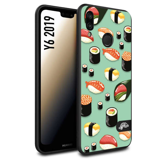 CUSTOMIZZA - Custodia cover nera morbida in tpu compatibile per Huawei Y6 2019 sushi disegni giapponese nighiri acquamarina verde