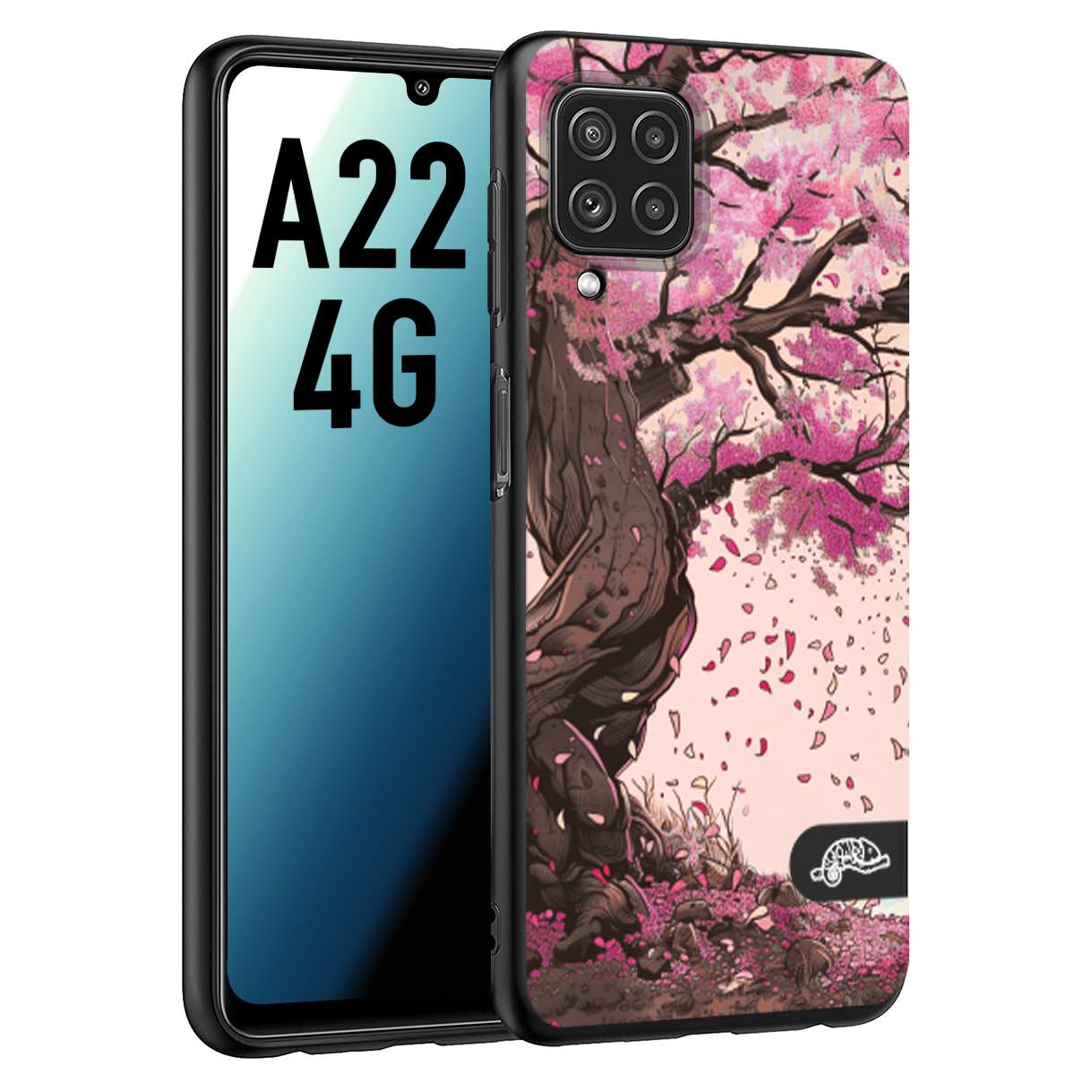 CUSTOMIZZA - Custodia cover nera morbida in tpu compatibile per Samsung A22 4G giapponese colori morbidi fiori di ciliegio rosa disegnata