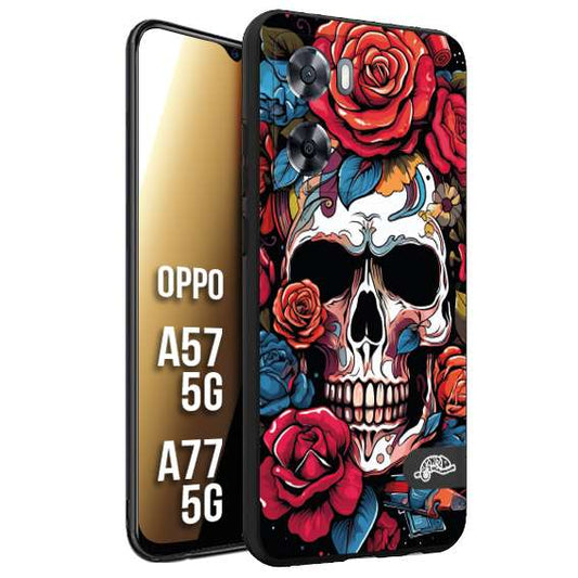 CUSTOMIZZA - Custodia cover nera morbida in tpu compatibile per Oppo A57 5G - A77 5G teschio skull flowers fiori rose rosse tattoo disegnato