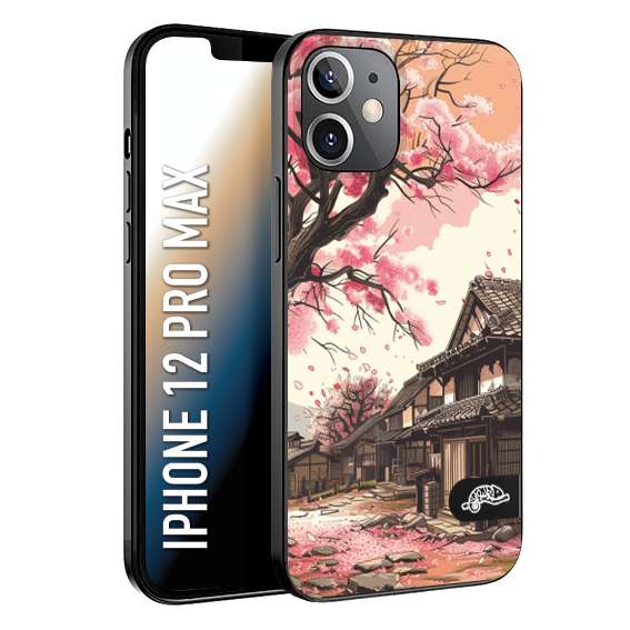 CUSTOMIZZA - Custodia cover nera morbida in tpu compatibile per iPhone 12 PRO MAX casa giapponese rosa ciliegio in fiore disegnata tattoo