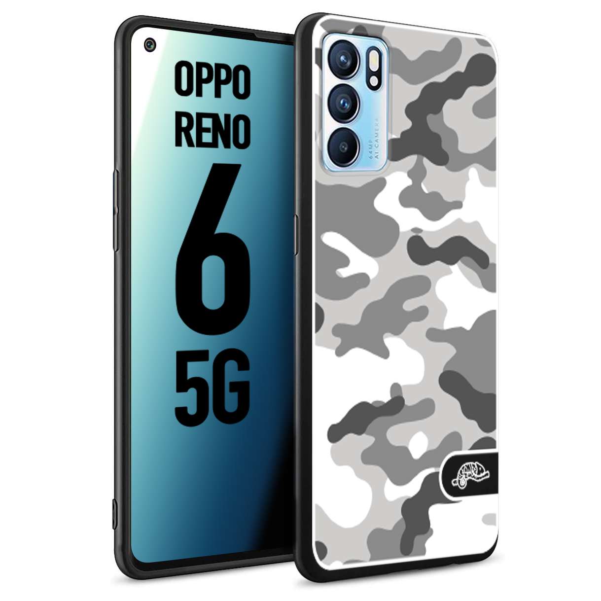 CUSTOMIZZA - Custodia cover nera morbida in tpu compatibile per Oppo Reno 6 5G camouflage mimetico militare bianco white