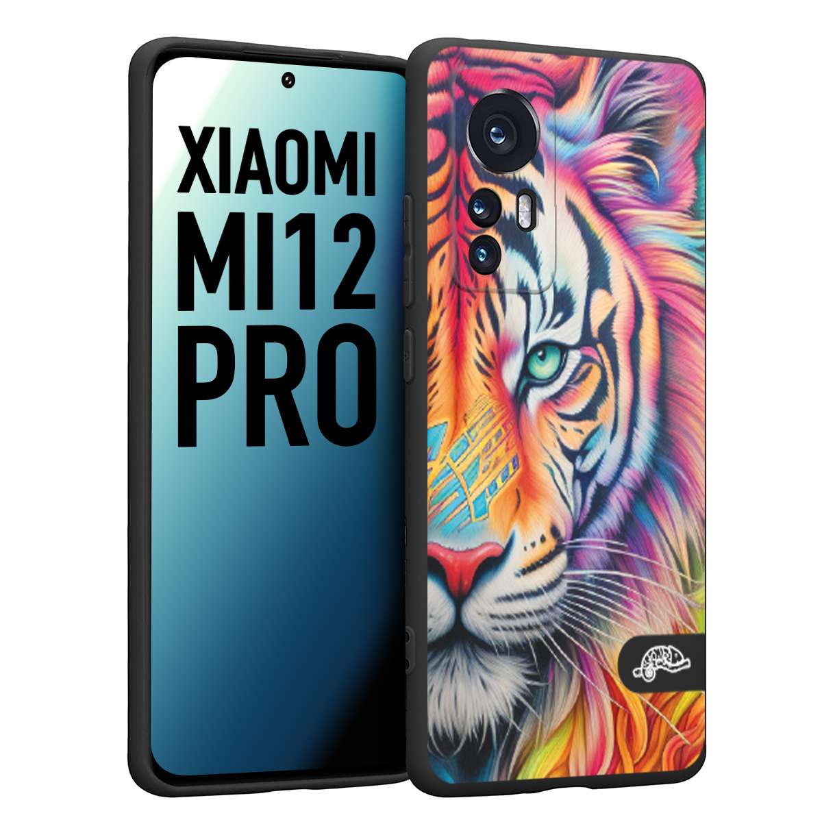 CUSTOMIZZA - Custodia cover nera morbida in tpu compatibile per Xiaomi 12 PRO animali color tigre tiger viso colori vibranti disegnato schizzo