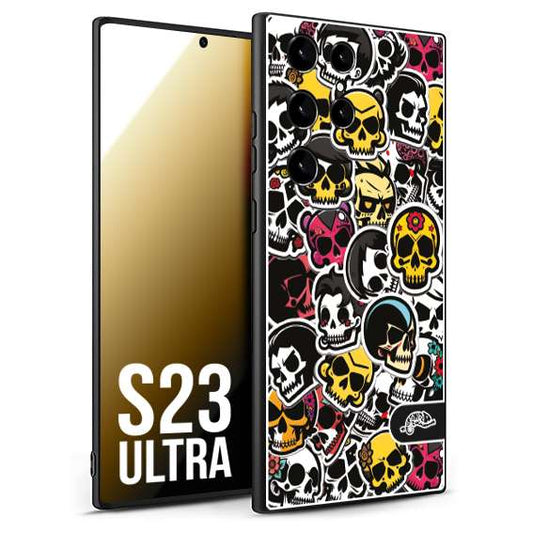 CUSTOMIZZA - Custodia cover nera morbida in tpu compatibile per Samsung S23 ULTRA sticker bomb teschi colorati adesivi skulls skater snowboard