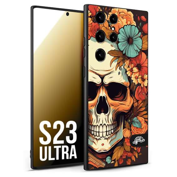 CUSTOMIZZA - Custodia cover nera morbida in tpu compatibile per Samsung S23 ULTRA teschio skull flowers fiori autunnali arancio celeste tattoo