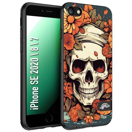 CUSTOMIZZA - Custodia cover nera morbida in tpu compatibile per iPhone 7 - 8 - SE 2020 / 2022 teschio skull flowers fiori tattoo disegnato alta definizione