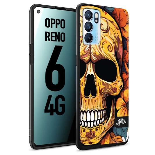 CUSTOMIZZA - Custodia cover nera morbida in tpu compatibile per Oppo Reno 6 4G teschio messicano colorato dorato fiori autunnali disegnato