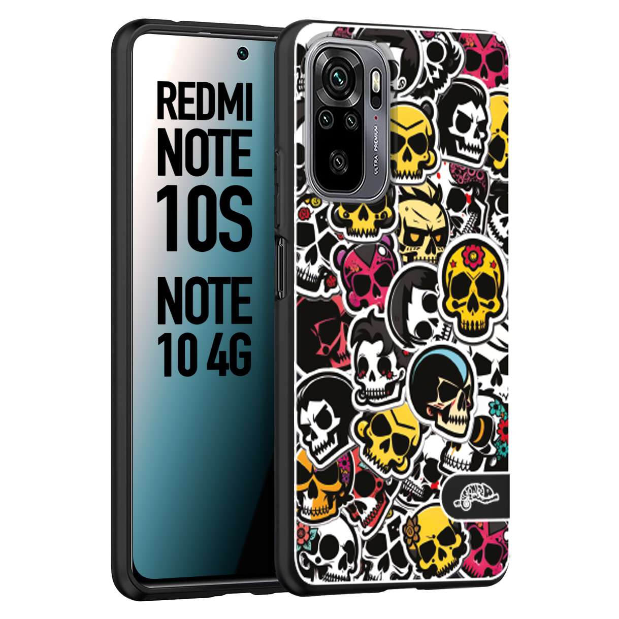 CUSTOMIZZA - Custodia cover nera morbida in tpu compatibile per Xiaomi Redmi Note 10S sticker bomb teschi colorati adesivi skulls skater snowboard