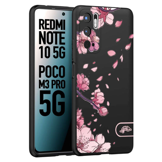 CUSTOMIZZA - Custodia cover nera morbida in tpu compatibile per Xiaomi Redmi Note 10 5G - Poco M3 Pro 5G giapponese fiori di ciliegio in fiore a rilievo disegnata tattoo