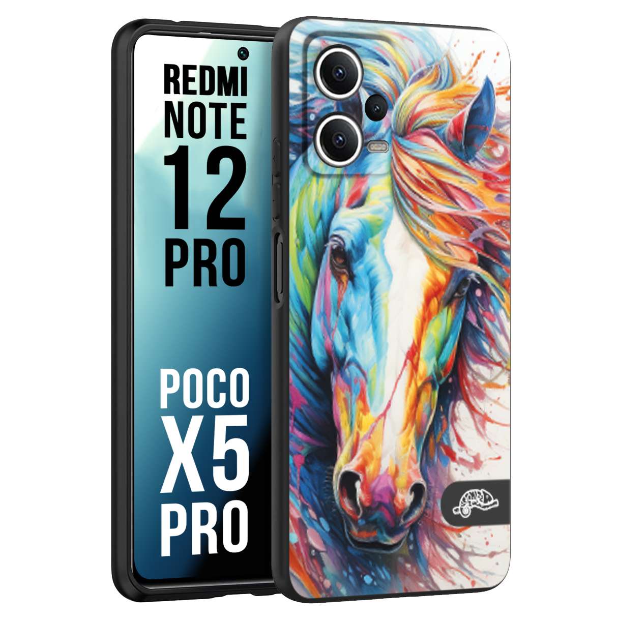 CUSTOMIZZA - Custodia cover nera morbida in tpu compatibile per Xiaomi Redmi Note 12 PRO - POCO X5 PRO animali color cavallo horse viso colori vibranti disegnato schizzo