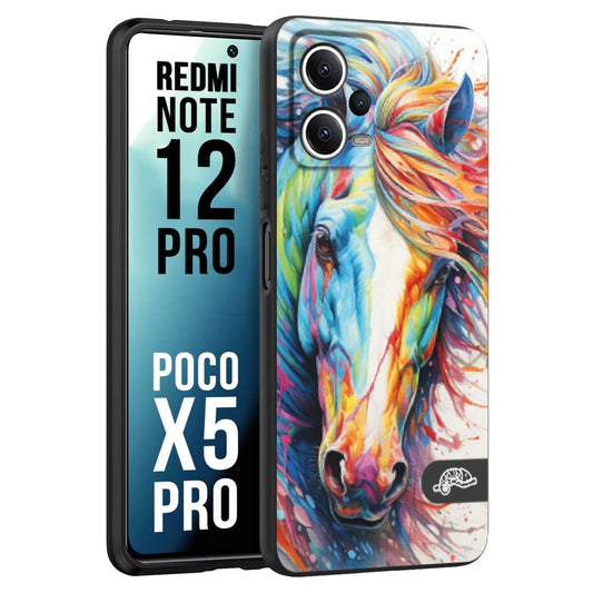 CUSTOMIZZA - Custodia cover nera morbida in tpu compatibile per Xiaomi Redmi Note 12 PRO - POCO X5 PRO animali color cavallo horse viso colori vibranti disegnato schizzo