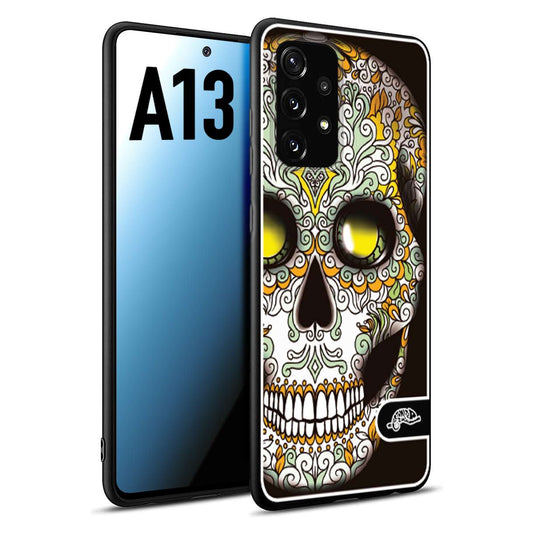 CUSTOMIZZA - Custodia cover nera morbida in tpu compatibile per Samsung A13 teschio messicano Mexican skull bianco verde giallo