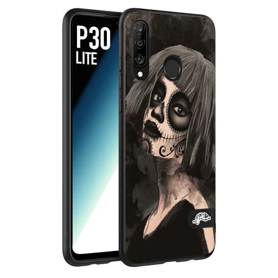 CUSTOMIZZA - Custodia cover nera morbida in tpu compatibile per Huawei P30 LITE chicana messicana dea de la muerte donna santa tattoo disegnata