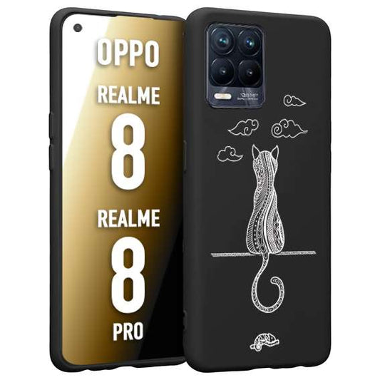 CUSTOMIZZA - Custodia cover nera morbida in tpu compatibile per Oppo Realme 8 - 8 PRO gatto mandala stilizzato gattino a rilievo soft touch donna bianca