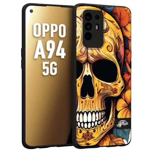 CUSTOMIZZA - Custodia cover nera morbida in tpu compatibile per Oppo A94 5G teschio messicano colorato dorato fiori autunnali disegnato