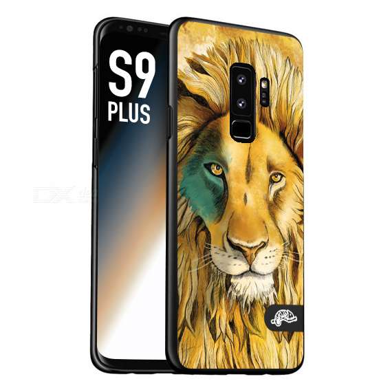 CUSTOMIZZA - Custodia cover nera morbida in tpu compatibile per Samsung S9 PLUS leone lion disegnato a mano giallo blu a rilievo artistico brown