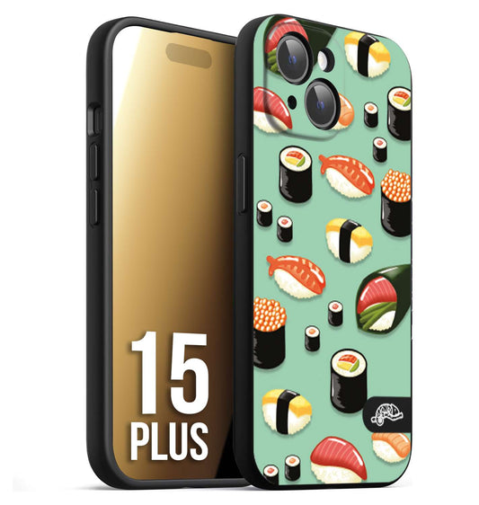 CUSTOMIZZA - Custodia cover nera morbida in tpu compatibile per iPhone 15 PLUS sushi disegni giapponese nighiri acquamarina verde