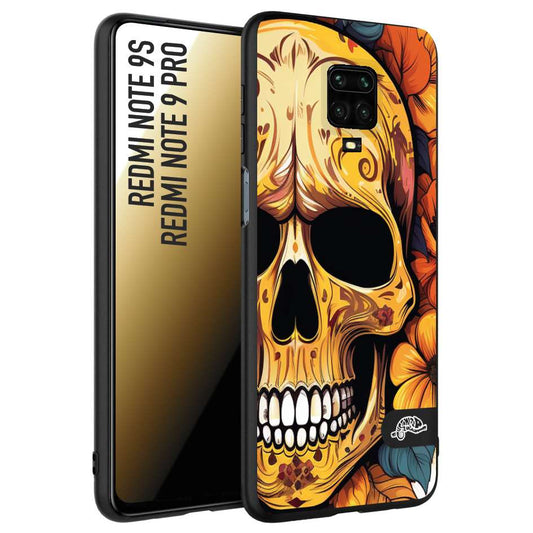 CUSTOMIZZA - Custodia cover nera morbida in tpu compatibile per Xiaomi Redmi Note 9S - Note 9 PRO teschio messicano colorato dorato fiori autunnali disegnato