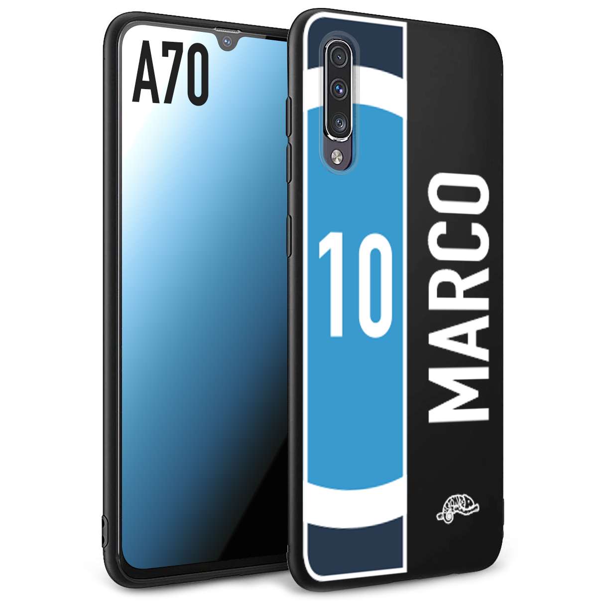 CUSTOMIZZA - Custodia cover nera morbida in tpu compatibile per Samsung A70 personalizzata calcio football nome e numero calciatori biancoazzurri bianco celesti