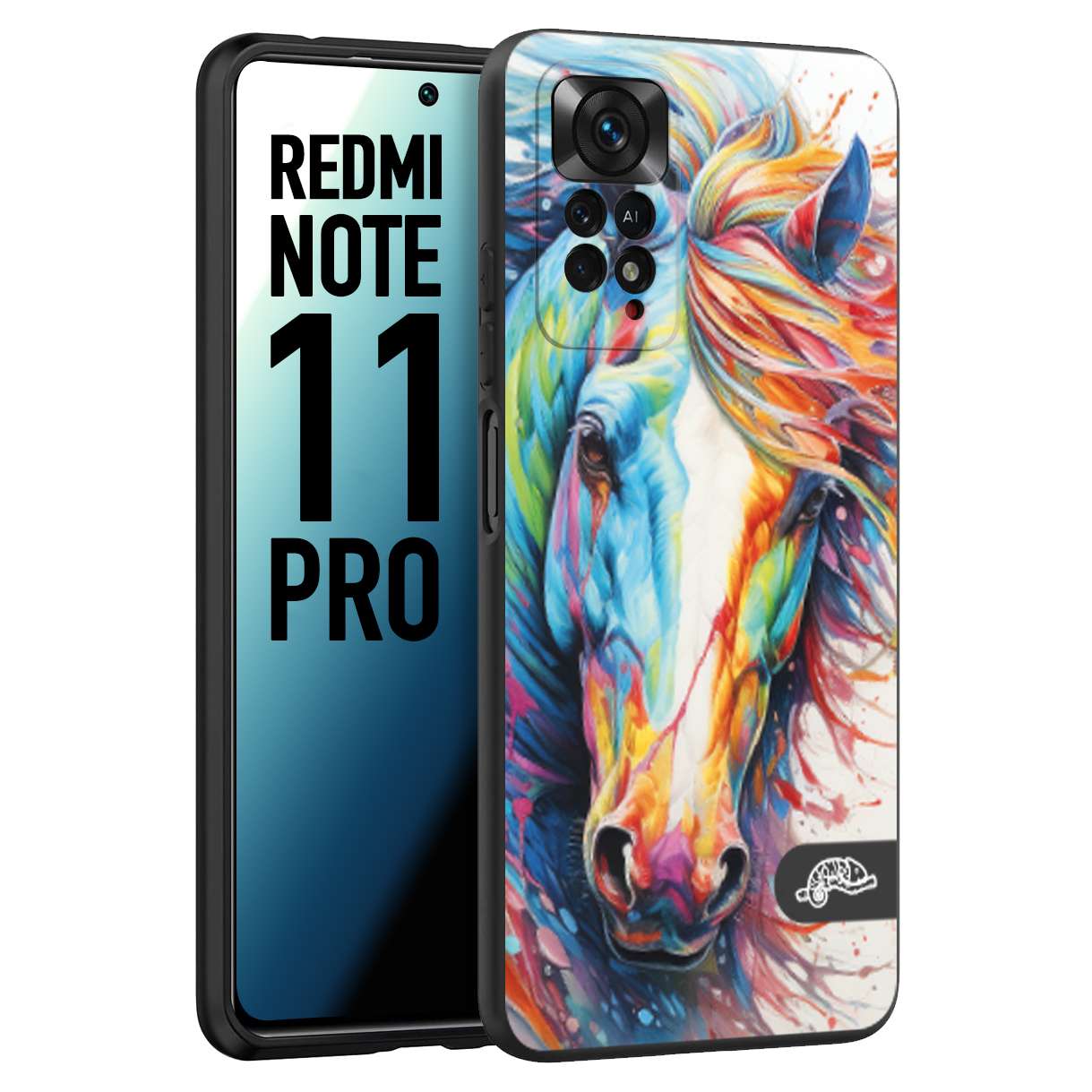 CUSTOMIZZA - Custodia cover nera morbida in tpu compatibile per Xiaomi Redmi Note 11 PRO animali color cavallo horse viso colori vibranti disegnato schizzo