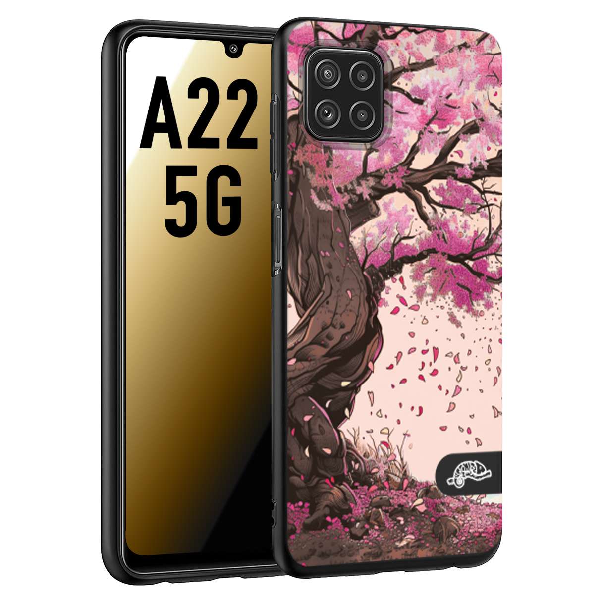 CUSTOMIZZA - Custodia cover nera morbida in tpu compatibile per Samsung A22 5G giapponese colori morbidi fiori di ciliegio rosa disegnata