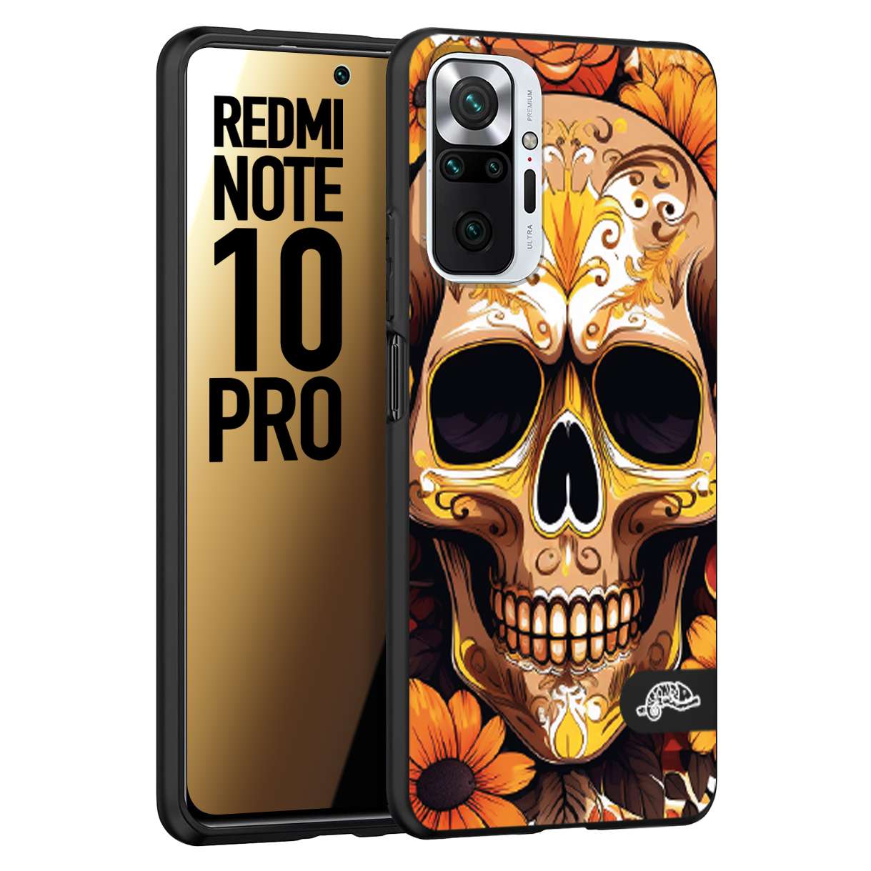 CUSTOMIZZA - Custodia cover nera morbida in tpu compatibile per Xiaomi Redmi Note 10 PRO teschio messicano colorato dorato fiori tattoo disegnato