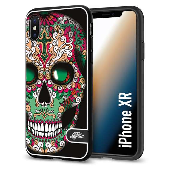 CUSTOMIZZA - Custodia cover nera morbida in tpu compatibile per iPhone Xr teschio messicano Mexican skull verde fucsia