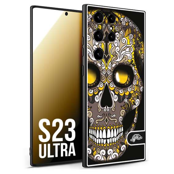 CUSTOMIZZA - Custodia cover nera morbida in tpu compatibile per Samsung S23 ULTRA teschio messicano Mexican skull nero giallo