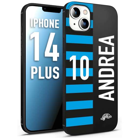 CUSTOMIZZA - Custodia cover nera morbida in tpu compatibile per iPhone 14 PLUS personalizzata calcio football nome e numero calciatori nerazzurra