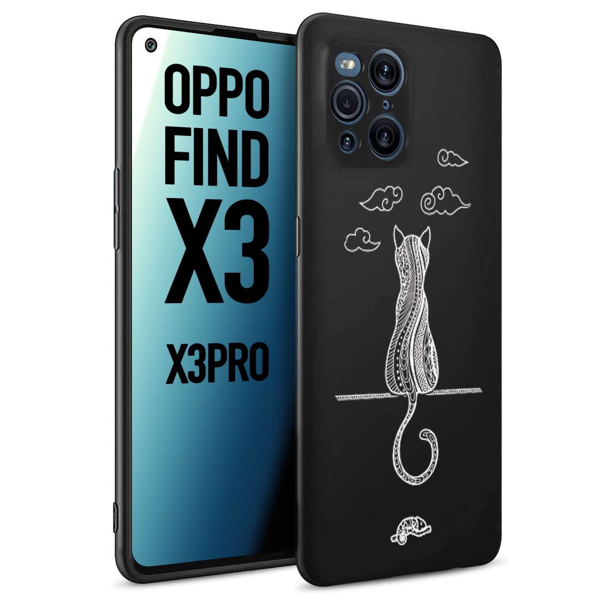 CUSTOMIZZA - Custodia cover nera morbida in tpu compatibile per Oppo Find X3 - Find X3 Pro 5G gatto mandala stilizzato gattino a rilievo soft touch donna bianca