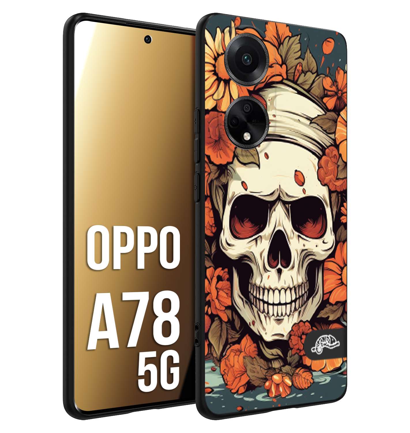 CUSTOMIZZA - Custodia cover nera morbida in tpu compatibile per Oppo A78 5G teschio skull flowers fiori tattoo disegnato alta definizione