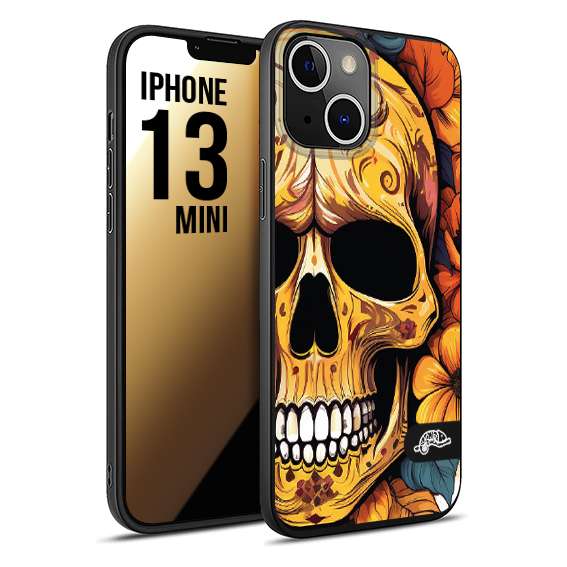 CUSTOMIZZA - Custodia cover nera morbida in tpu compatibile per iPhone 13 MINI teschio messicano colorato dorato fiori autunnali disegnato