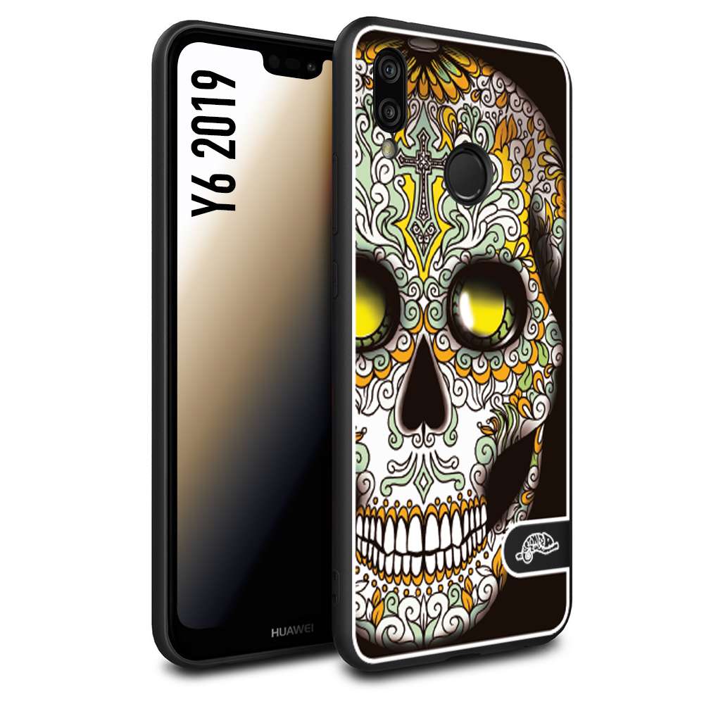 CUSTOMIZZA - Custodia cover nera morbida in tpu compatibile per Huawei Y6 2019 teschio messicano Mexican skull bianco verde giallo