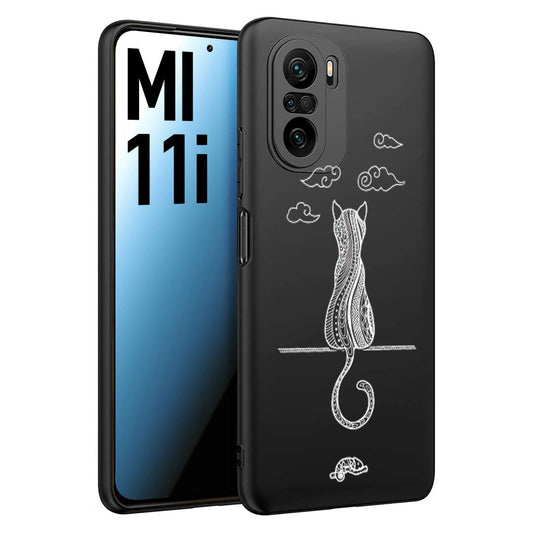 CUSTOMIZZA - Custodia cover nera morbida in tpu compatibile per Xiaomi Mi 11i gatto mandala stilizzato gattino a rilievo soft touch donna bianca