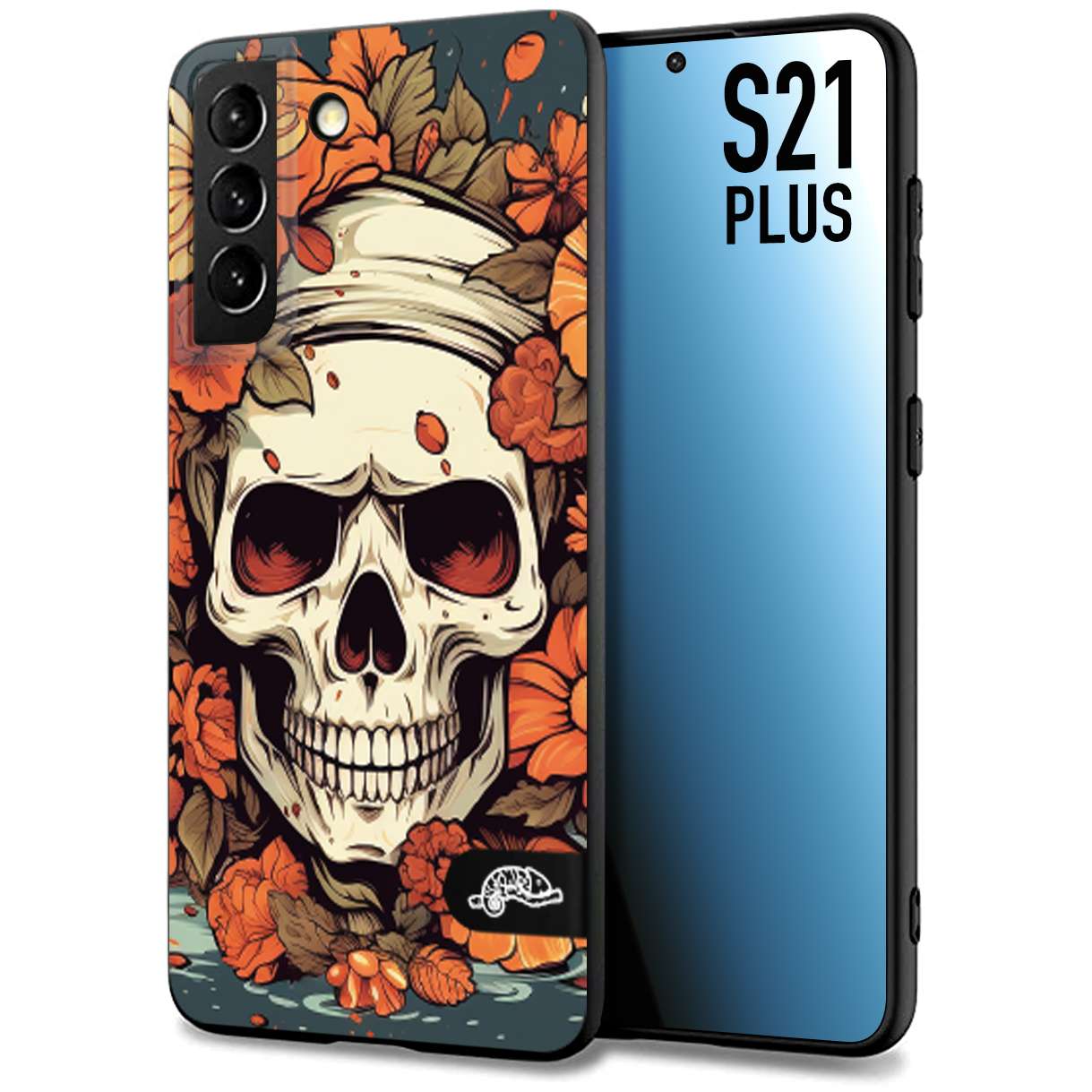 CUSTOMIZZA - Custodia cover nera morbida in tpu compatibile per Samsung S21 PLUS teschio skull flowers fiori tattoo disegnato alta definizione