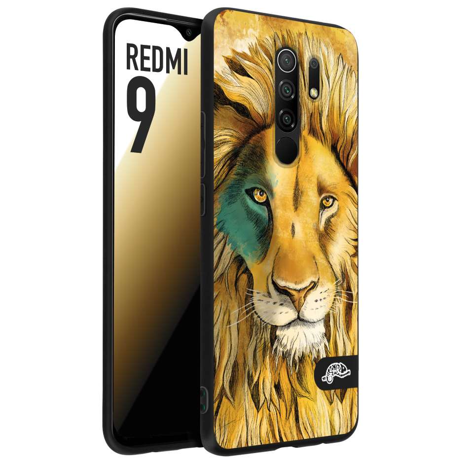 CUSTOMIZZA - Custodia cover nera morbida in tpu compatibile per Xiaomi Redmi 9 leone lion disegnato a mano giallo blu a rilievo artistico brown