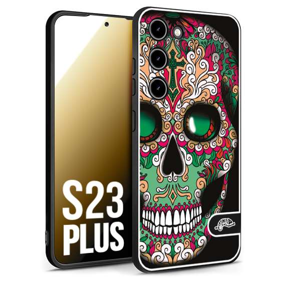 CUSTOMIZZA - Custodia cover nera morbida in tpu compatibile per Samsung S23 PLUS teschio messicano Mexican skull verde fucsia