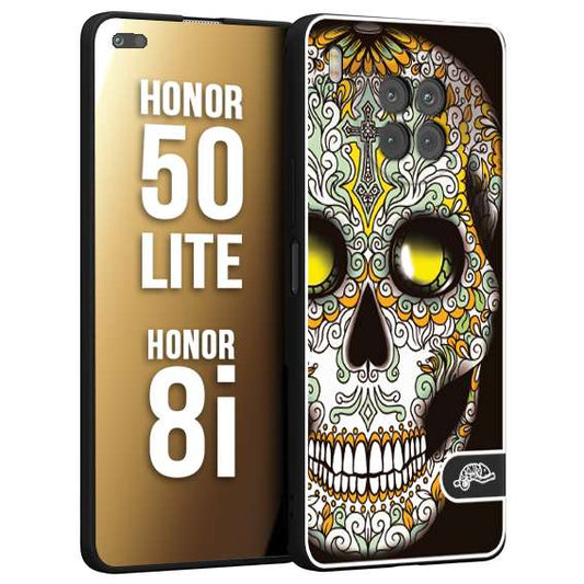 CUSTOMIZZA - Custodia cover nera morbida in tpu compatibile per Honor 8i - Honor 50 LITE teschio messicano Mexican skull bianco verde giallo