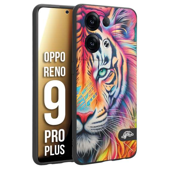 CUSTOMIZZA - Custodia cover nera morbida in tpu compatibile per Oppo Reno 9 PRO PLUS animali color tigre tiger viso colori vibranti disegnato schizzo