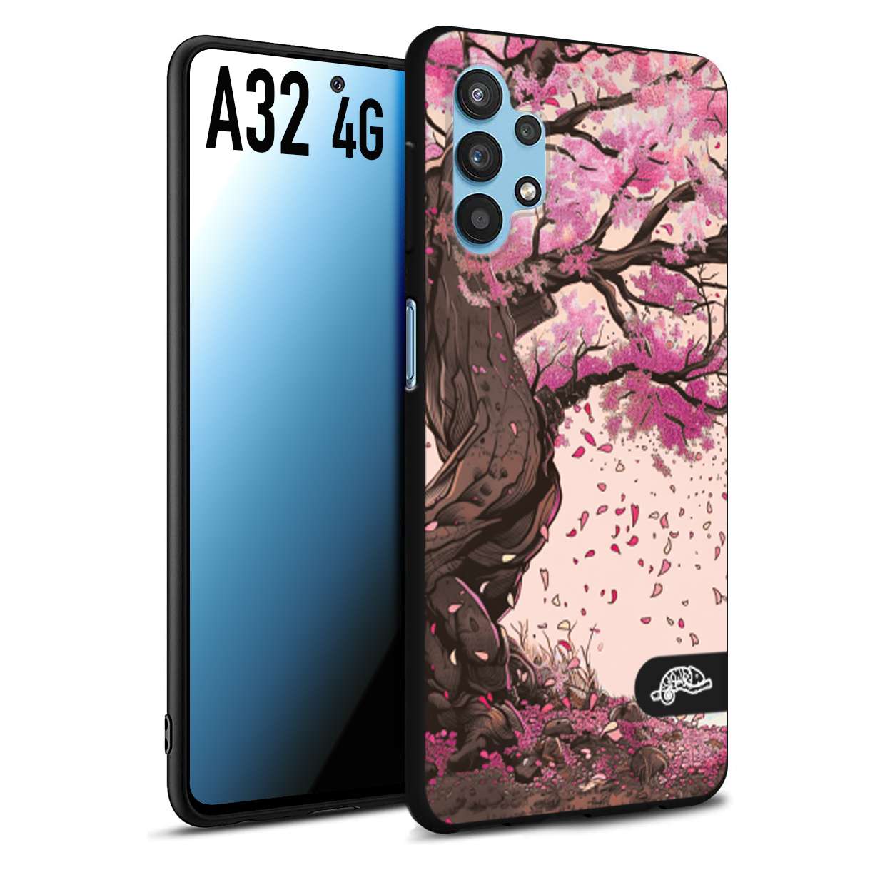 CUSTOMIZZA - Custodia cover nera morbida in tpu compatibile per Samsung A32 4G giapponese colori morbidi fiori di ciliegio rosa disegnata