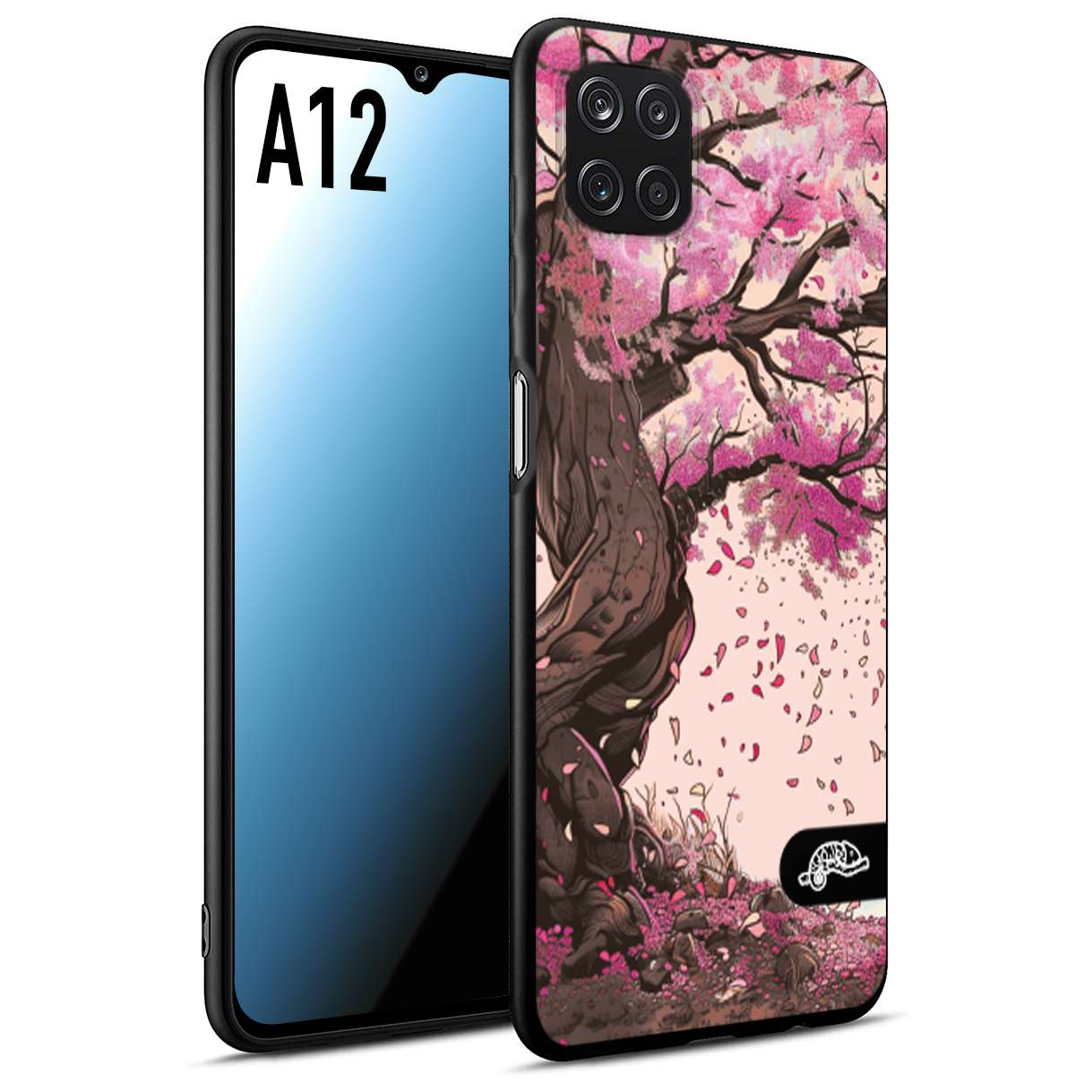 CUSTOMIZZA - Custodia cover nera morbida in tpu compatibile per Samsung A12 giapponese colori morbidi fiori di ciliegio rosa disegnata