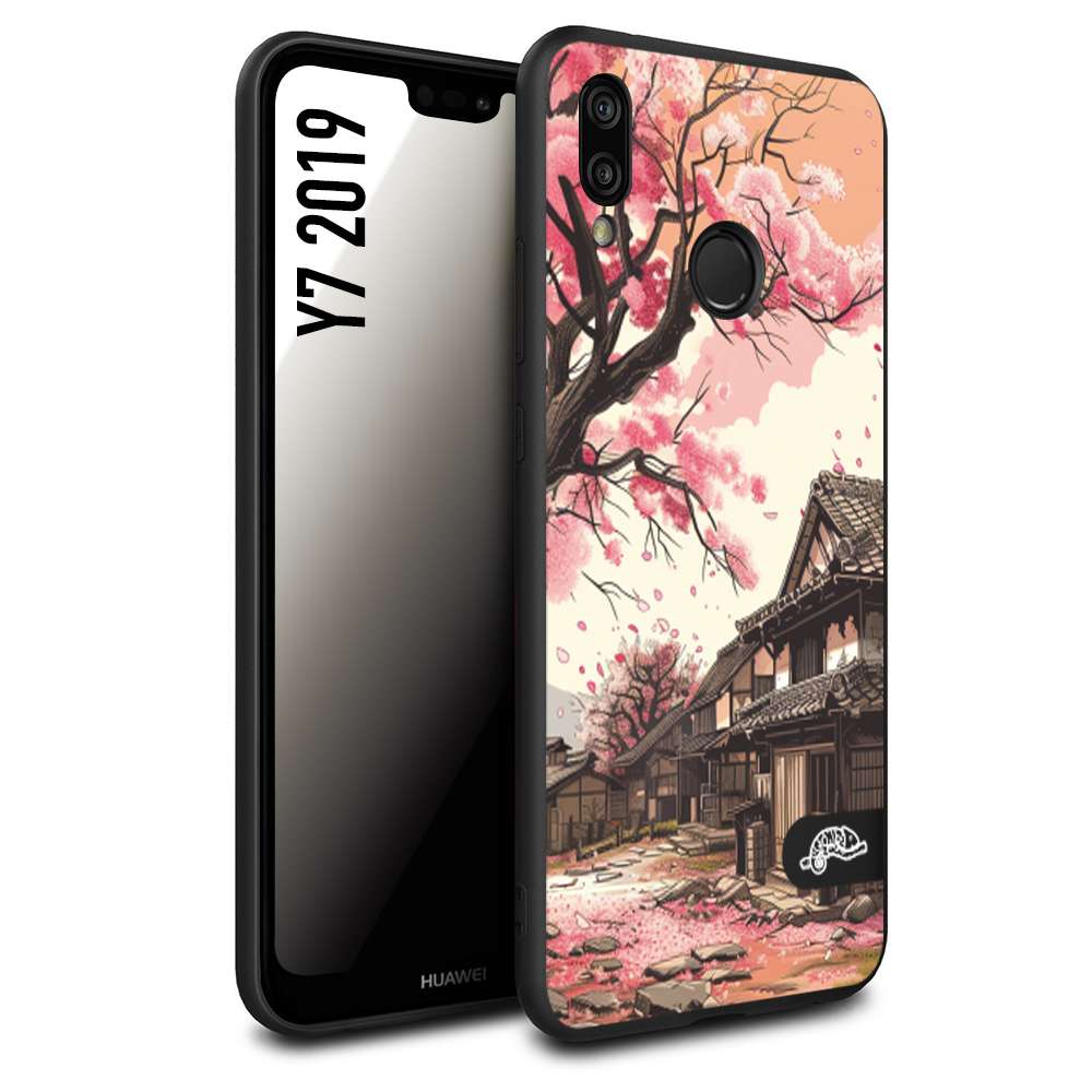 CUSTOMIZZA - Custodia cover nera morbida in tpu compatibile per Huawei Y7 2019 casa giapponese rosa ciliegio in fiore disegnata tattoo