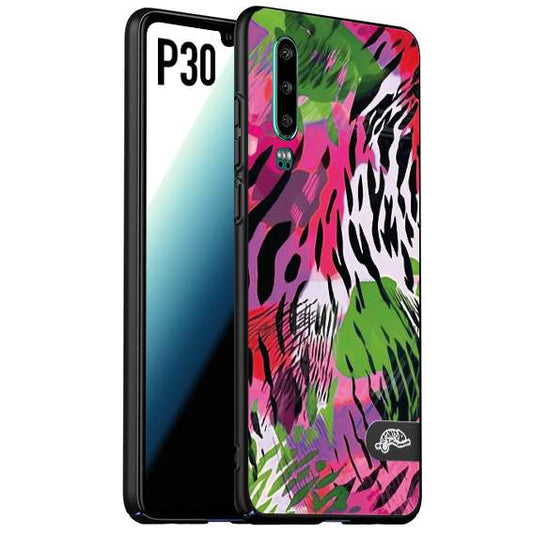 CUSTOMIZZA - Custodia cover nera morbida in tpu compatibile per Huawei P30 leopardato tigrato tiger colorata summer color verde fucsia