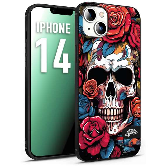 CUSTOMIZZA - Custodia cover nera morbida in tpu compatibile per iPhone 14 teschio skull flowers fiori rose rosse tattoo disegnato