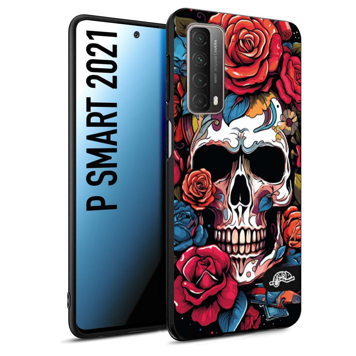 CUSTOMIZZA - Custodia cover nera morbida in tpu compatibile per Huawei P Smart 2021 teschio skull flowers fiori rose rosse tattoo disegnato