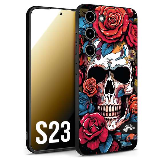 CUSTOMIZZA - Custodia cover nera morbida in tpu compatibile per Samsung S23 teschio skull flowers fiori rose rosse tattoo disegnato