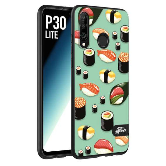 CUSTOMIZZA - Custodia cover nera morbida in tpu compatibile per Huawei P30 LITE sushi disegni giapponese nighiri acquamarina verde