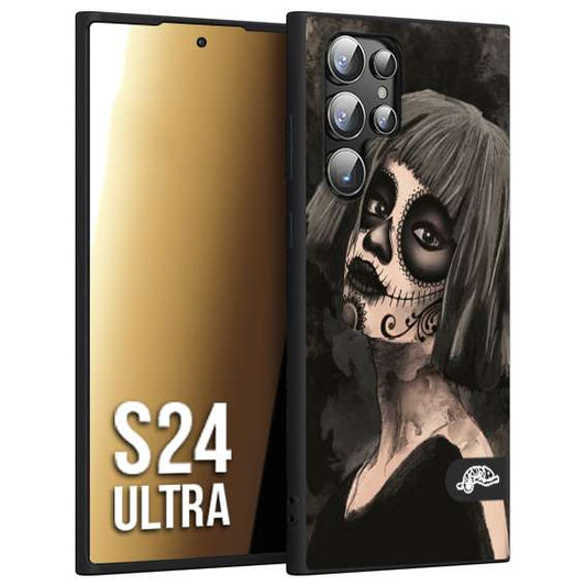 CUSTOMIZZA - Custodia cover nera morbida in tpu compatibile per Samsung S24 ULTRA chicana messicana dea de la muerte donna santa tattoo disegnata