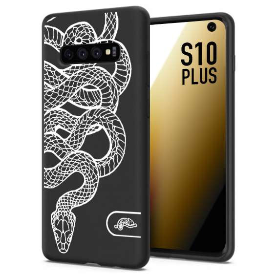 CUSTOMIZZA - Custodia cover nera morbida in tpu compatibile per Samsung S10 PLUS serpente snake bianco a rilievo disegnato tattoo tatuaggio