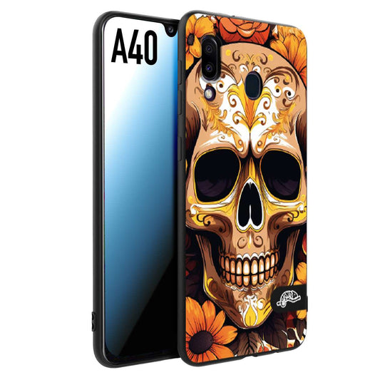 CUSTOMIZZA - Custodia cover nera morbida in tpu compatibile per Samsung A40 teschio messicano colorato dorato fiori tattoo disegnato