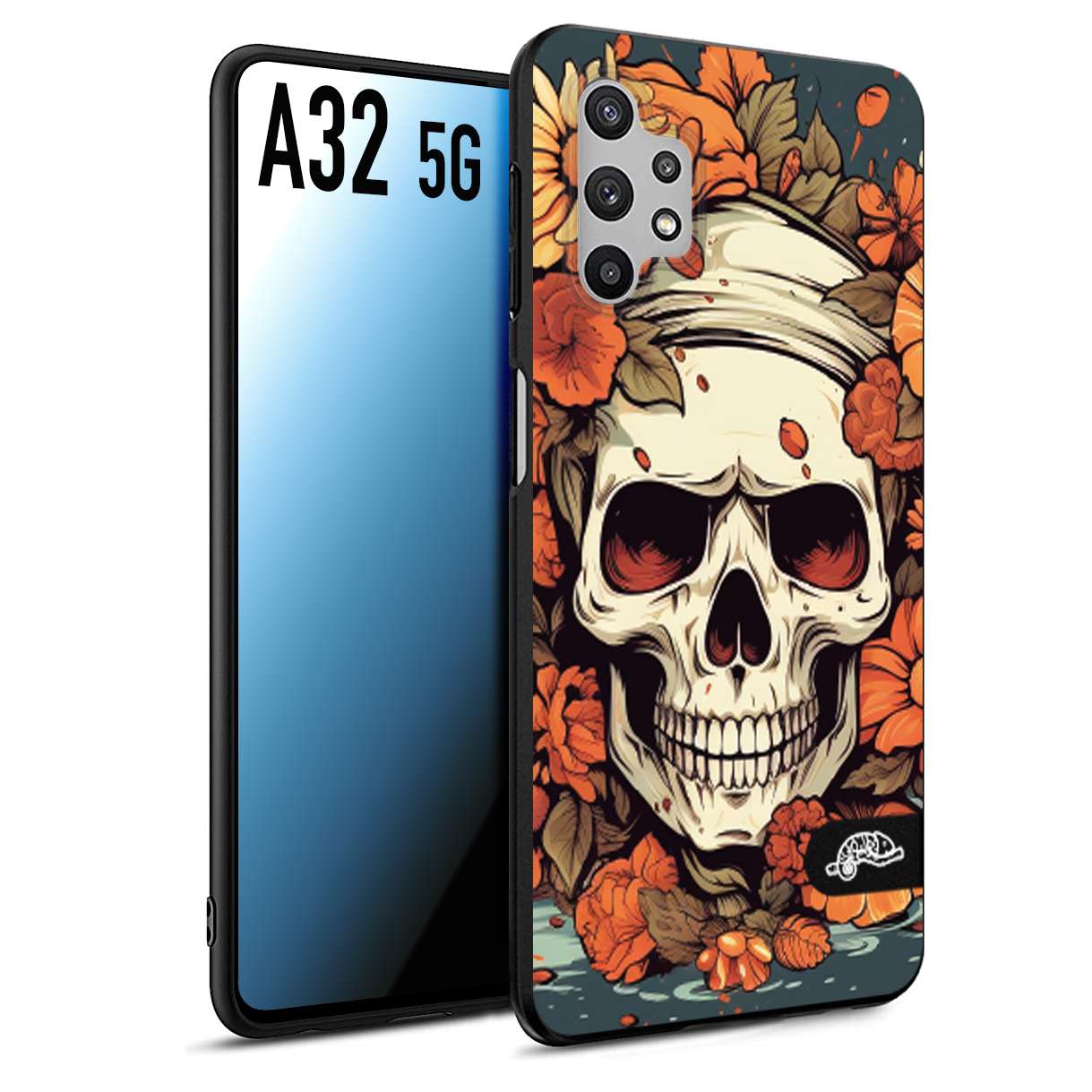 CUSTOMIZZA - Custodia cover nera morbida in tpu compatibile per Samsung A32 5G teschio skull flowers fiori tattoo disegnato alta definizione